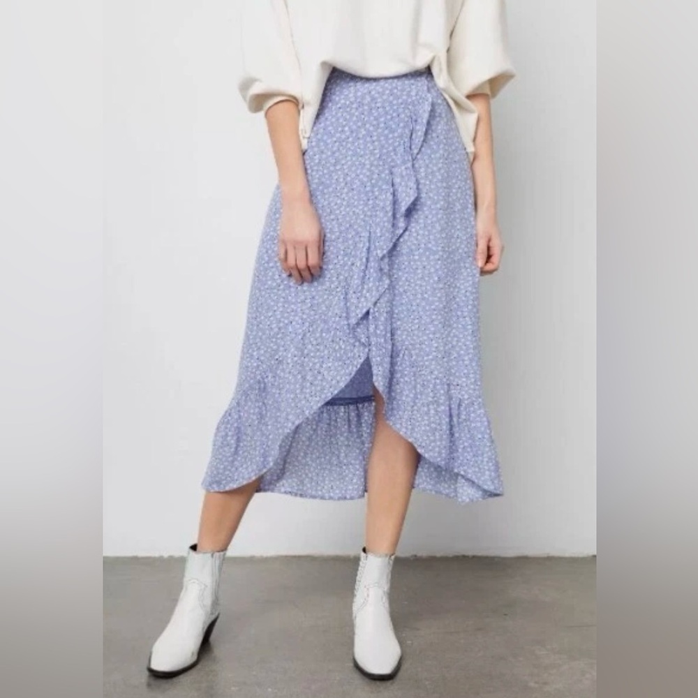 Rails Nova Sky Blue Daisies Floral Wrap Midi Skirt XS Ruffle Boho Cottagecore